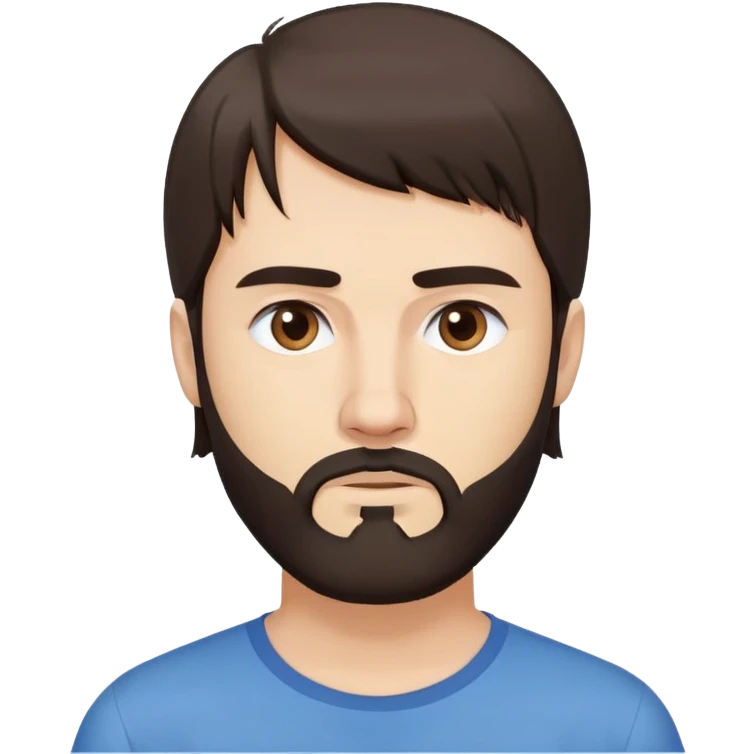 Caucasian man with long straight dark brown hair styled loose with fringe, medium-length hair, short full beard, neutral serious expression, simple blue shirt emoji