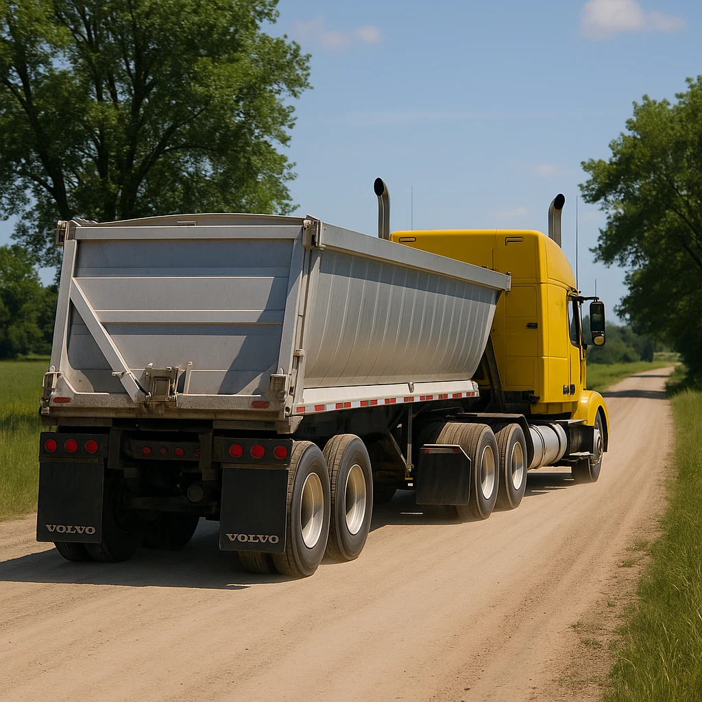 photorealistic rear view of a Volvo yellow semi sleeper truck with a long silver end dump trailer, not in dumping position, driving away down a dirt road with trees and grassy fields, sunny day emoji