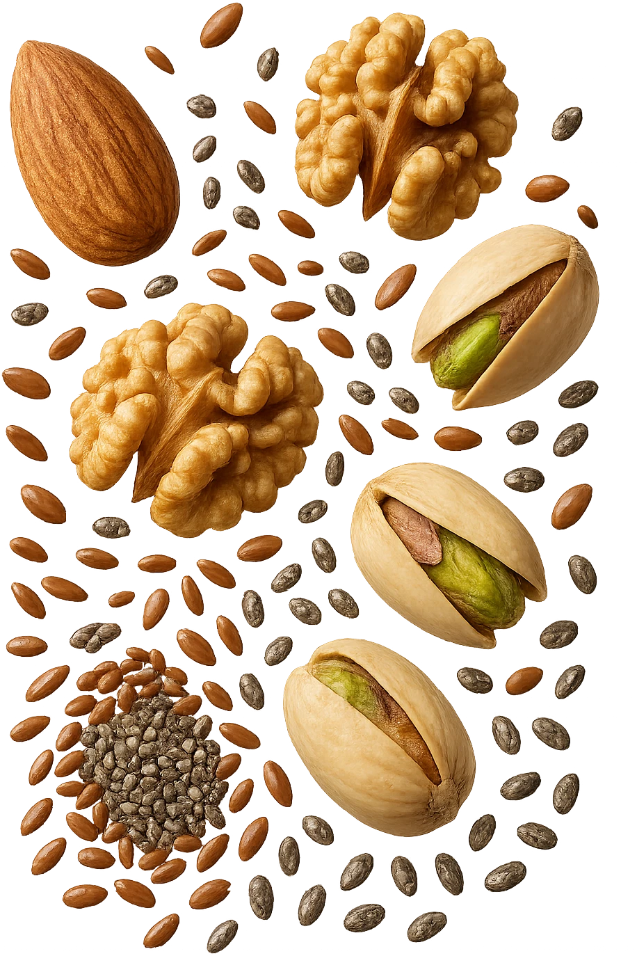 Mandorle, noci, pistacchi, semi di lino e di chia FLUTTUANO IN ARIA, IPERREALISTICO 4K emoji