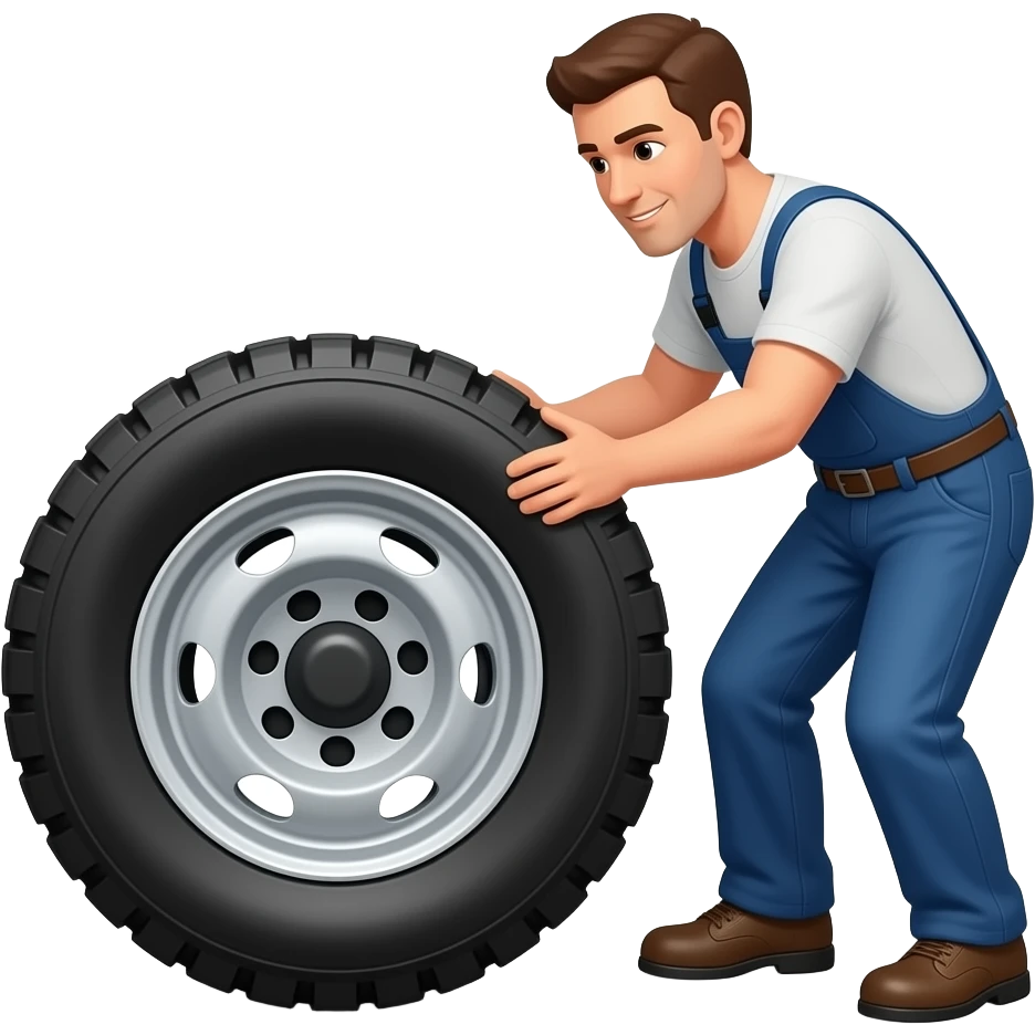 a truck tire laying flat on the floor and a man trying to lift it, not rolling, not flipping, no vertical tire emoji