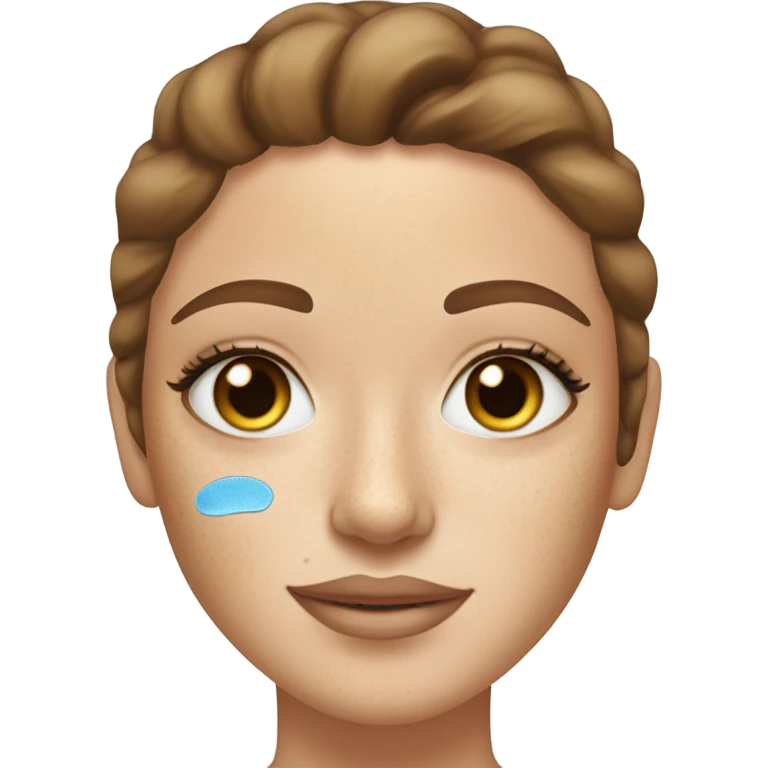white girl with freackles hair of a brunett blue eyed girl using Gold gel skin care patches under her eyes emoji