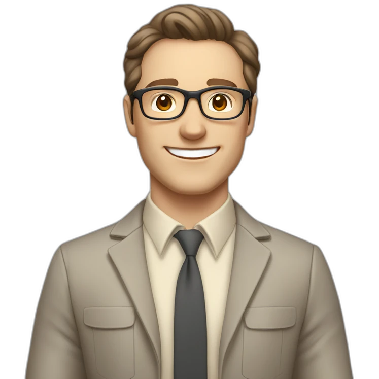 Joyful Pale skinned Fit Man With dark brown hair in gray jacket, beige office shirt, Brown pants and vintage glasses. His thrumbs up emoji
