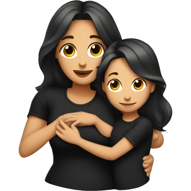 Mom with long brown beautiful hair and daughter with long brown hair hugging black shirts and mom has tattoos emoji