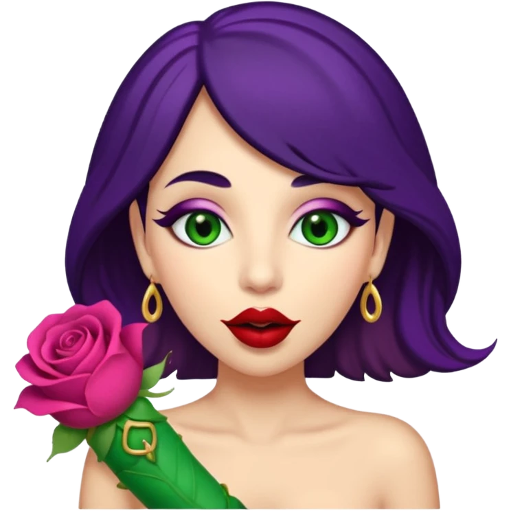 Big Puerto Rican colored dildo inside a juicy mouth  with blackish purple hair and Italian skin color with green almond shapes eyes, magical mouth with lips shapes  rose petal /bud place huge didlo inside of mouth  emoji