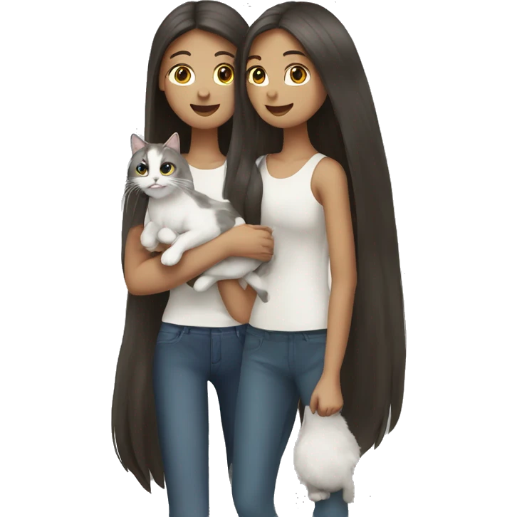 Two long hair girls with white skin and two cats in hands emoji