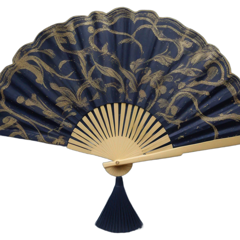 detailed and elegant navy blue hand fan with several gold accents and swirls, single fan emoji