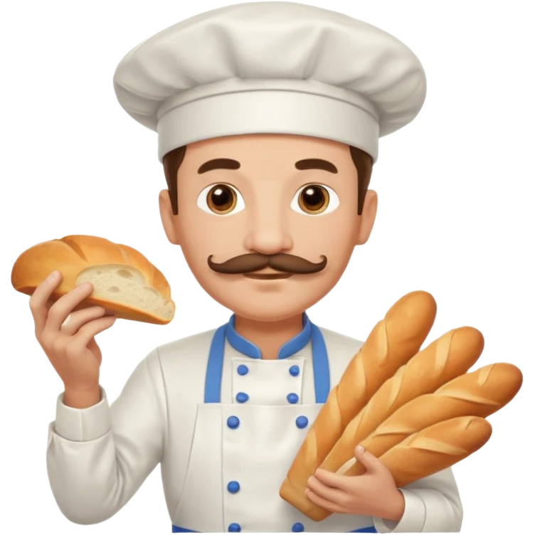 Middle aged male pastry chef - with a mustache, apron, white hat, holding bread emoji