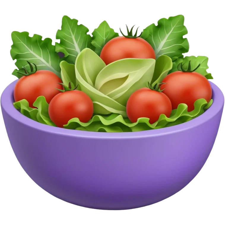 Modern premium 3D emoji icon: salad bowl (🥗), smooth rounded shapes, matte + subtle gloss, top-left studio light, soft shadow. Purple bowl with lavender rim; ingredients in natural colors. Centered, transparent background, no text. emoji