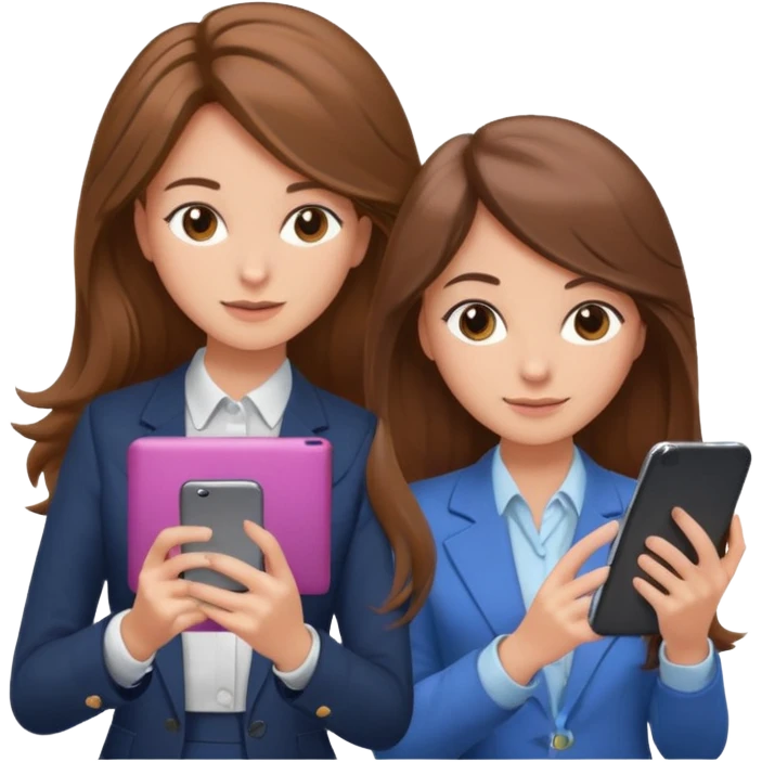 two brown haired girls, looking professional maybe leaned back on back and looking forward and using phones, with longer hair and with some cute clothes without ties, blowout hair, one girl can hold lap top athoer one can hold the phone emoji
