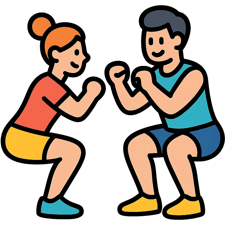 gym buddies doing squats together, modern and easy to understand icon style emoji