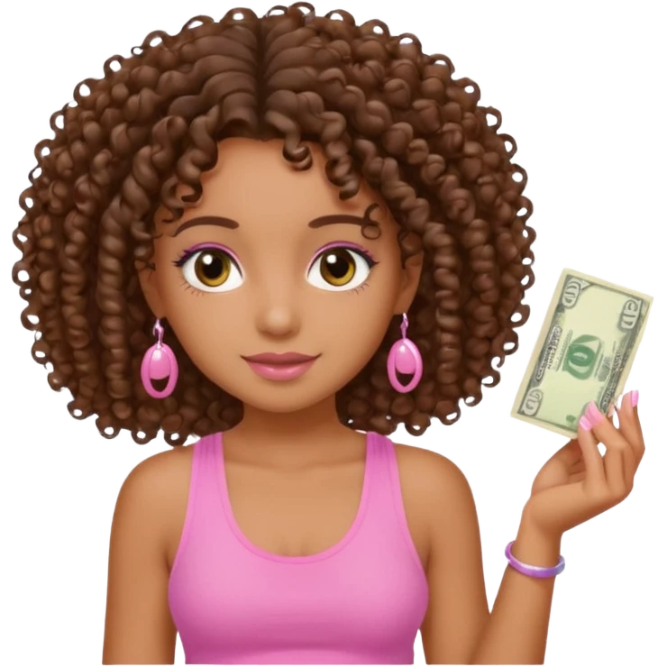 Uma menina com o cabelo cacheado é morena, e com uma regata rosa com unha em gel, é com Baby hair ,e com dinheiro na mão ,𓍢ִ໋🀦⃝🪼〰꩜ emoji