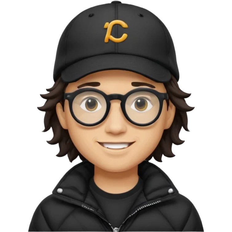 Young man wearing a black puffer jacket, black baseball cap, round black glasses, wavy hair peeking out from under the cap, smiling
 emoji