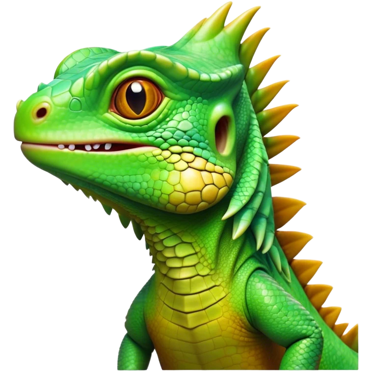 Cinematic Realistic Cute Iguana Portrait Emoji, Head tilted playfully and inquisitively, featuring a compact, agile build with a glossy, intricately scaled body in vivid green hues and a characteristically expressive face with bright, curious amber eyes, rendered in lifelike detail with natural highlights, high shine, affectionate and lively, styled with a touch of tropical whimsy, soft glowing outline, capturing the essence of a mischievous yet lovable iguana that seems poised to scurry out of the screen into your arms! emoji