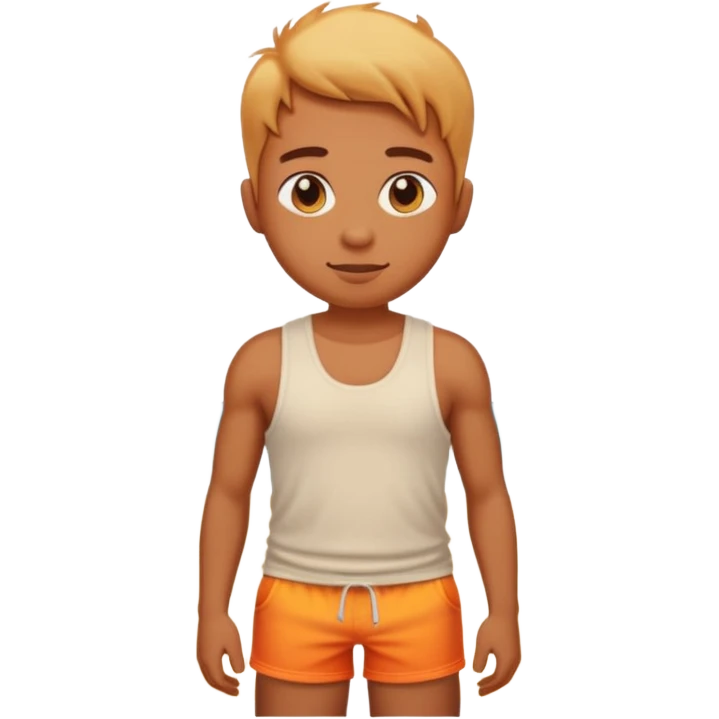 Emoji-style person in beach shorts with sunburned shoulders and chest, tank top outline for a sunburn, cute rounded features, soft shading, vibrant colors emoji