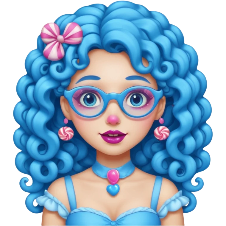 blue long curly haired princess of the candyland, with candy makeup candy glassess and just face emoji