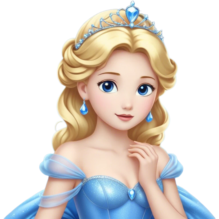 Cinematic Stunning Cinderella Portrait Emoji, Radiant in her sparkling blue ball gown, golden hair in a perfect updo, soft blue eyes full of wonder, glistening tiara, glowing with an ethereal beauty, regal yet kind, a dreamlike aura surrounds her, capturing the essence of a fairy tale princess, elegant and breathtaking! emoji