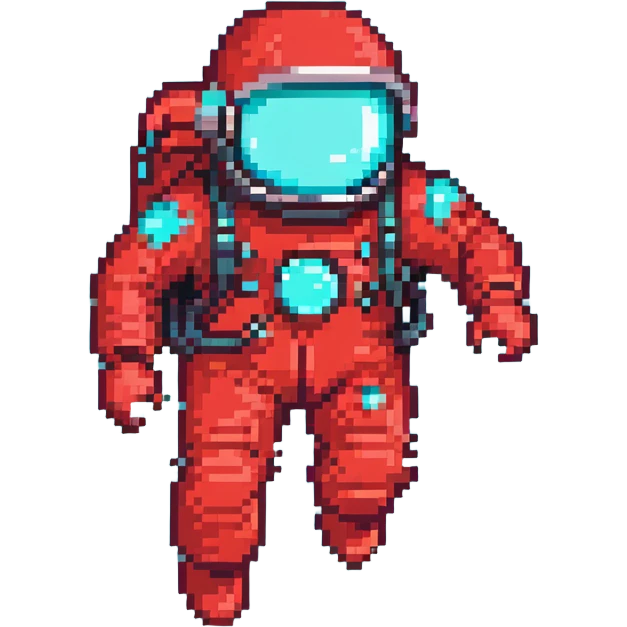 a man in a red spacesuit with a cyan visor, pixel art, floating in space emoji