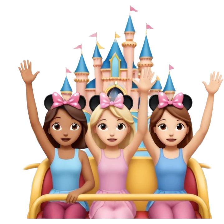 4 chicas montadas en una atraccion de levantando la mano con orejas de Disney puestas en una atracción emoji