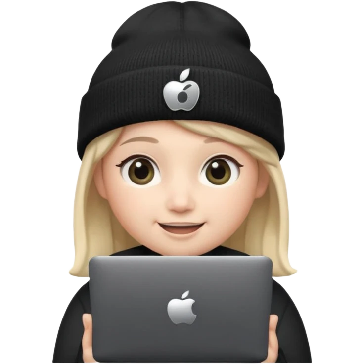 Apple-style Memoji face with big eyes and black beanie, holding silver laptop covering mouth with solid black pear logo (no bite), clean soft lighting, simple round background. emoji