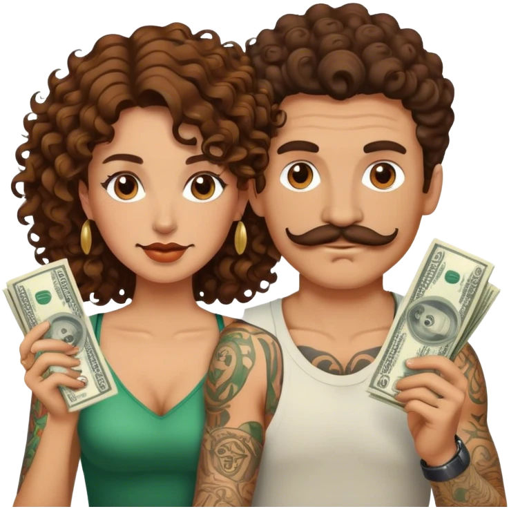 Couple with brown hair, the guy has a mustache and tattoos. The girls hair is curly. They are surrounded by money  emoji