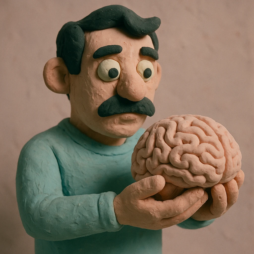 a dark-haired man with a mustache holding a brain, claymation style, pastel colors, visible fingerprints emoji