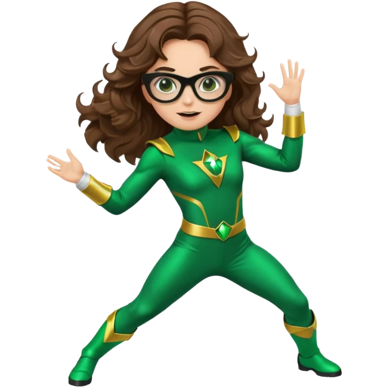 green power ranger, white girl with long brown wavy hair, thin black glasses, action pose, emoji style emoji