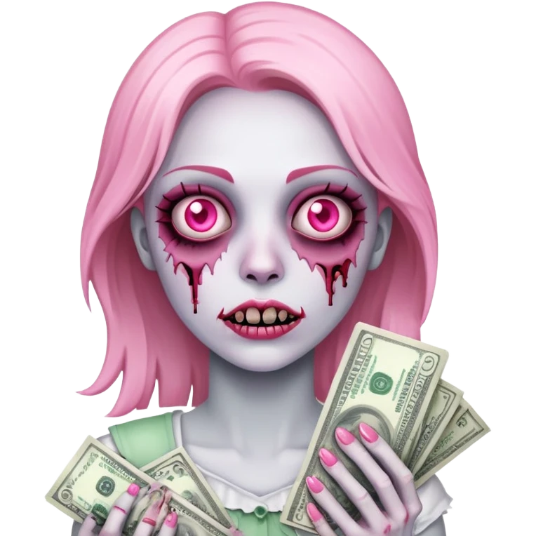 The ios zombie girl holding a stack of pink dollar bills emoji
