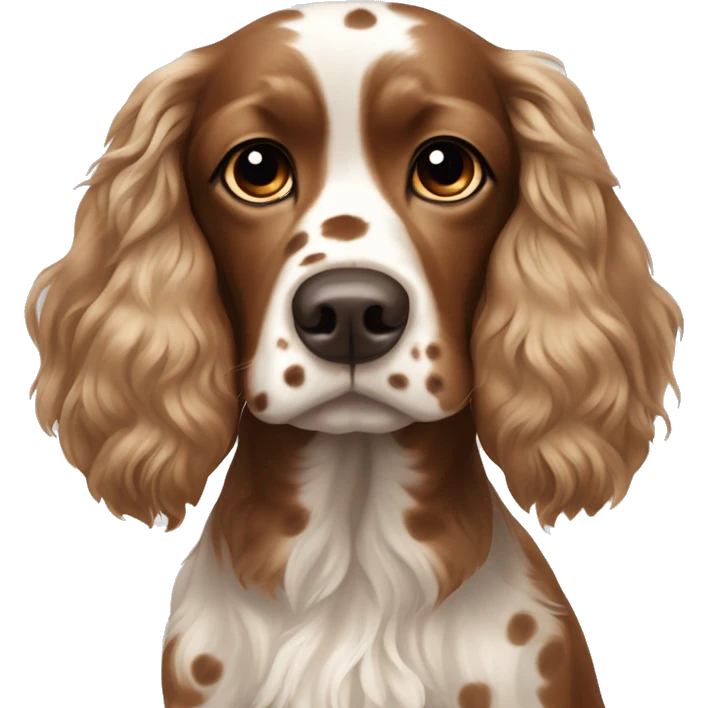 Cocker spaniel with a brown and white spots and hairs poking out on top of head  emoji