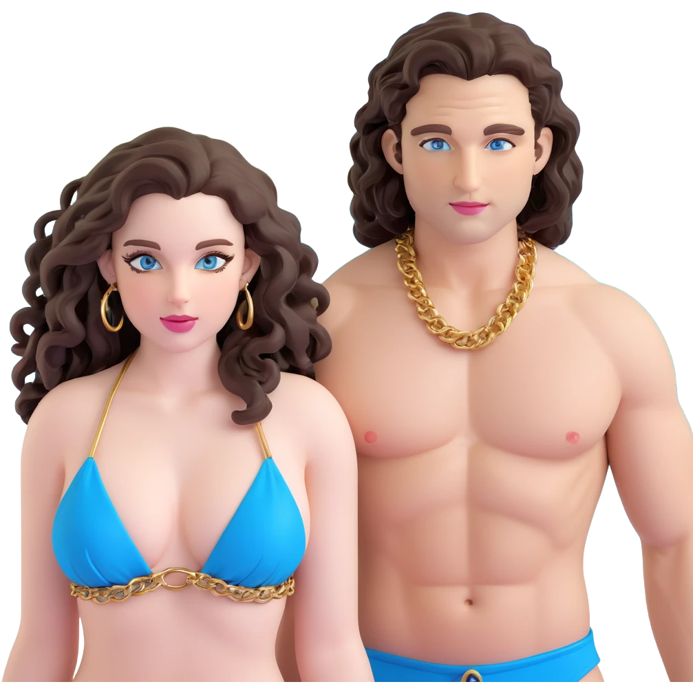 attractive couple on beach at sunset, orange and pink sky, ocean waves, curvier woman with fuller figure, big blue-grey eyes, long lashes, pale skin, pink lips, long voluminous dark brown curls, gold hoop earrings, tiny string bikini on her plumper body, next to handsome man with intense blue-grey eyes, chiseled features, pale skin, confident smirk, dark brown styled hair, gold chain, minimalist swimwear, both standing together romantically emoji