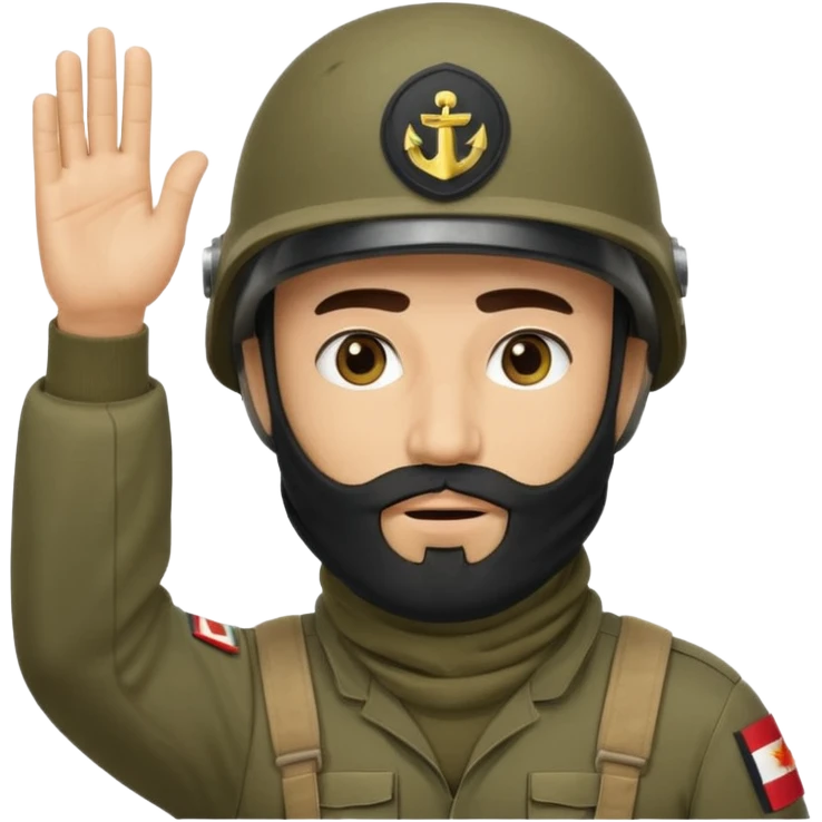 surrenders, depicts an Iraqi soldier from 1980, with a beard, in a helmet, with a balaclava, with a sad face and raised hands emoji