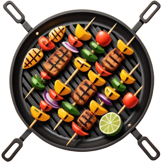 Grilled dishes avatar in bright emoji-style illustration. Skewers, BBQ, and grilled vegetables, warm fire tones, simple shapes, flat design, high contrast, tasty and inviting. emoji