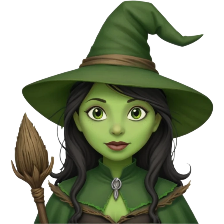 elphaba the wicked witch from wicked movie (cynthia erivo) dark long textured hair, thick lips, green skins, witch hat, witch broom emoji