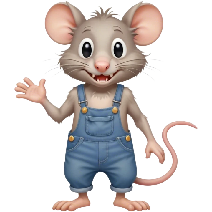 disheveled dizzy cartoon hillbilly rat wearing overalls no shirt. standing and talking full body. human eyes. teeth showing talking. walking talking moving arms emoji