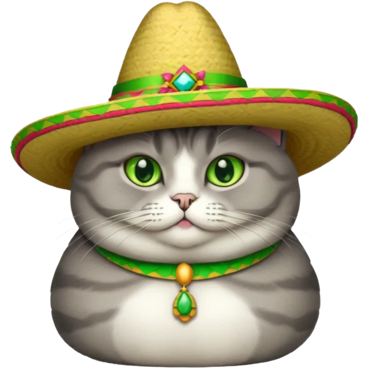 Fat gray cat green eyes wearing sombrero emoji