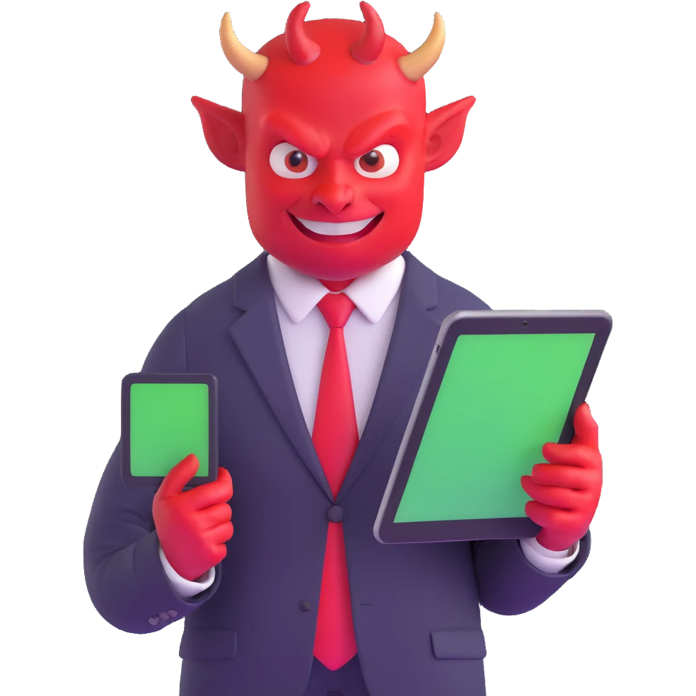 red devil in business suit with tablet selling digital courses emoji