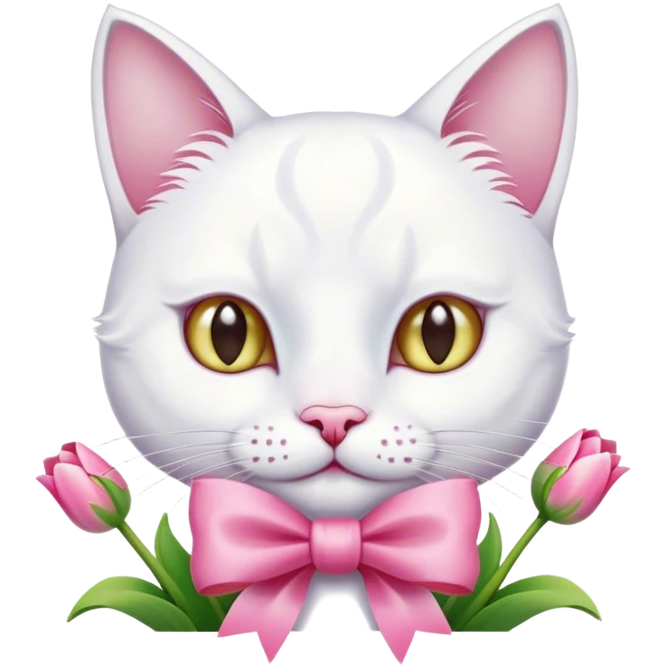 White cat with pink bow and tulips emoji