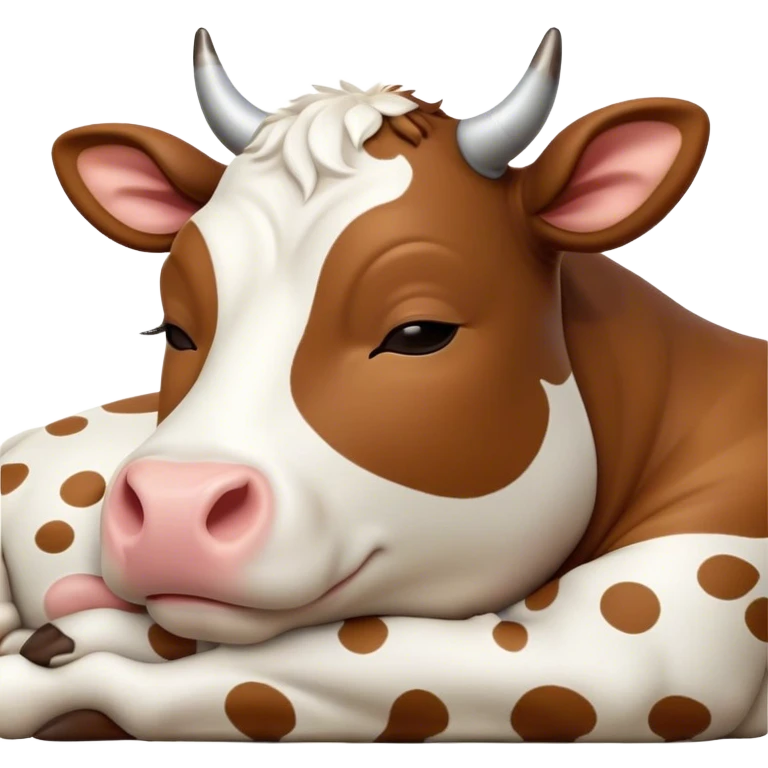 Meme-Worthy Cute Sleeping Brown and White Cow Portrait Emoji, Head resting peacefully with a contented smile, showcasing a robust build and a luxuriously soft patterned hide of brown and white, eyes shut in a serene, restful nap, Simplified yet hilariously adorable features, highly detailed, glowing with a soft, drowsy light, high shine, relaxed and utterly lovable, stylized with an air of playful laziness, bright and heartwarming, soft glowing outline, capturing the essence of a comically sleepy cow, so meme-worthy it feels like it could instantly become the next viral sensation of adorable slumber! emoji