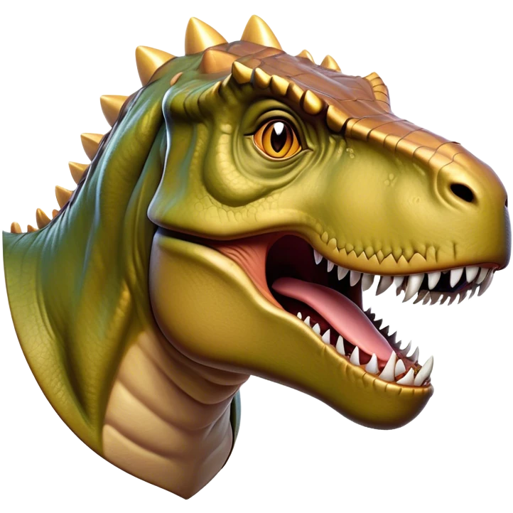 Cinematic Noble T-rex Portrait Emoji, Poised and commanding, with a massive, powerful head, a robust, muscular body, tiny, determined arms, and a fearsome yet noble gaze, Simplified yet sharply defined features, highly detailed, glowing with a cool, primal radiance, high shine, intelligent and formidable, stylized with an air of ancient predatory authority, focused and vigilant, soft glowing outline, capturing the essence of a watchful and confident T-rex that appears ready to roar out of the screen with effortless might! emoji