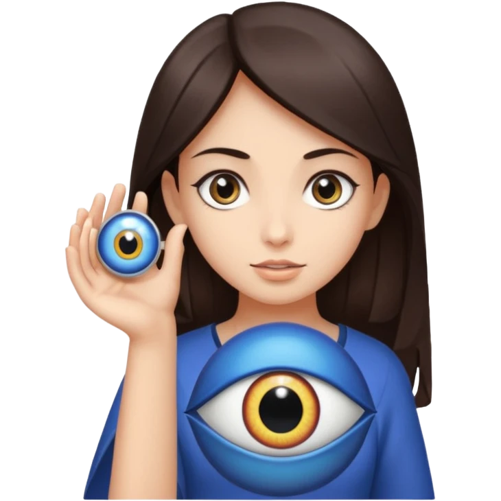 A girl with dark brown hair is holding a huge evil eye amulet in her hand. emoji
