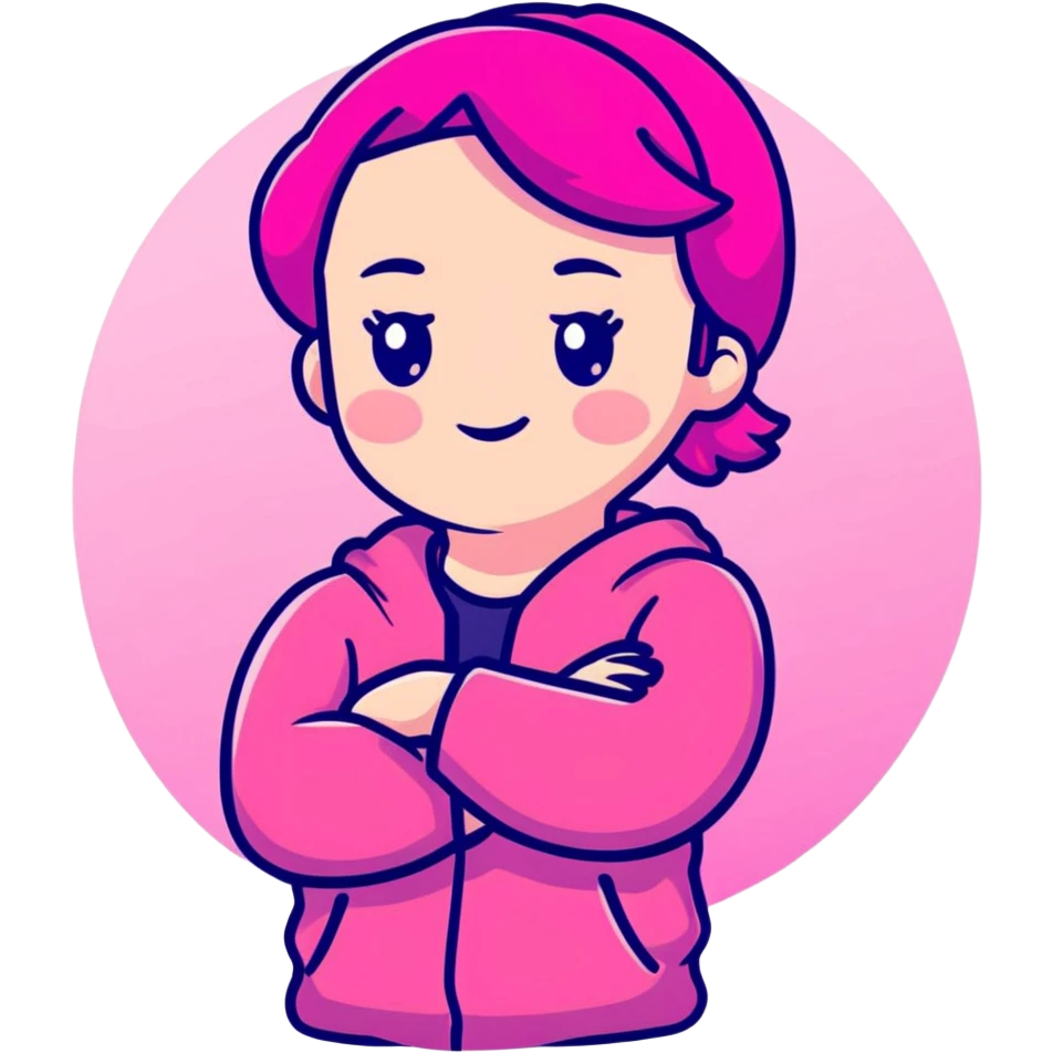 Shy girl character with arms crossed, transparent glass style, bright pink gradient, soft shadows and highlights, minimalist cute design emoji
