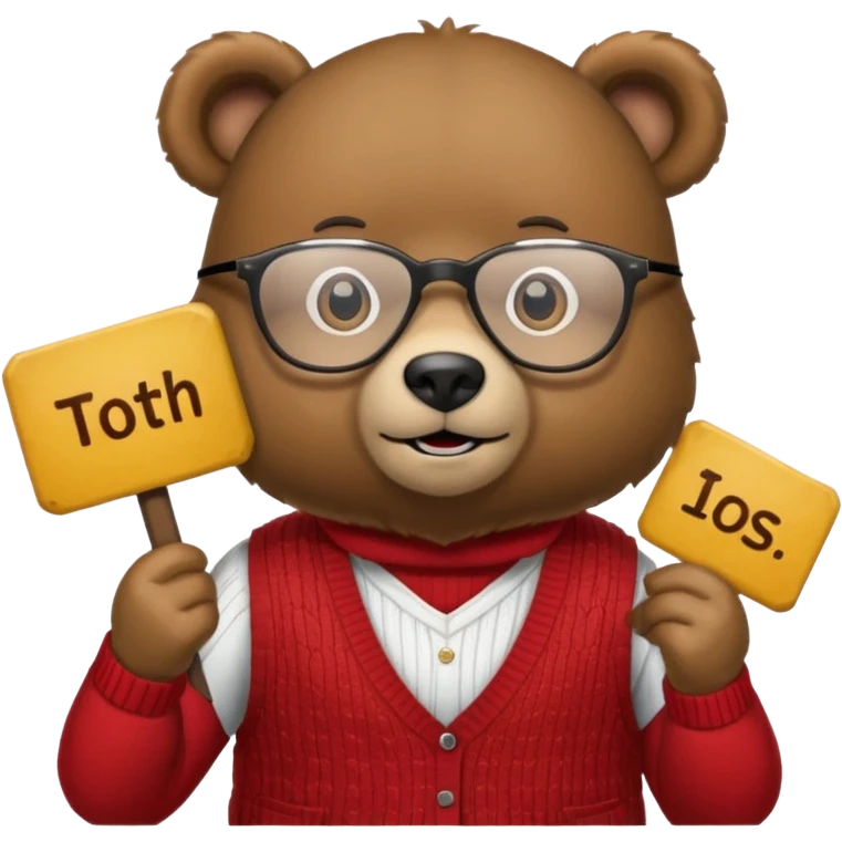 A bear wearing a sweater, vest and glasses, holding up a sign that says both of them emoji