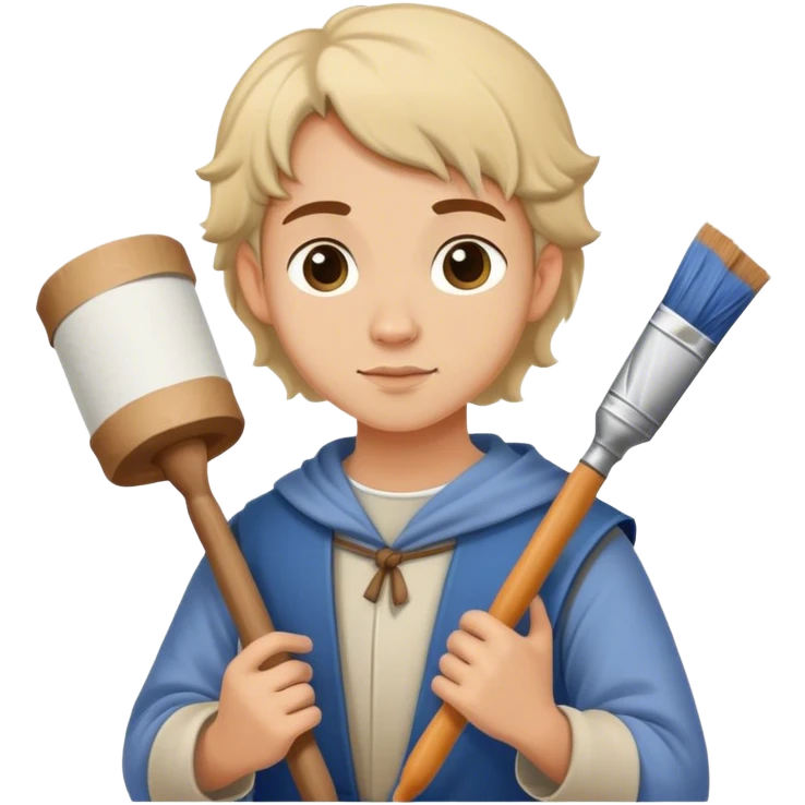 young apprentice painter with roll of drawings, medieval age emoji