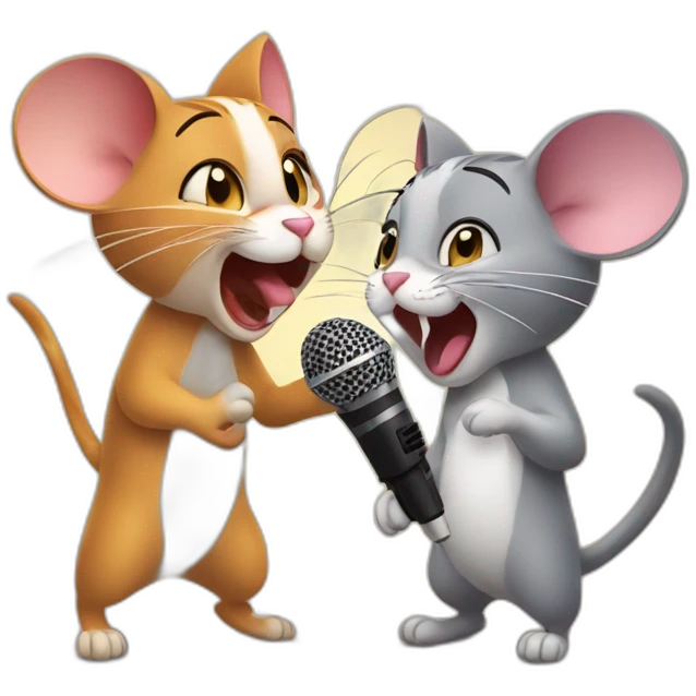 Cat and mouse singing together at a karaoke emoji