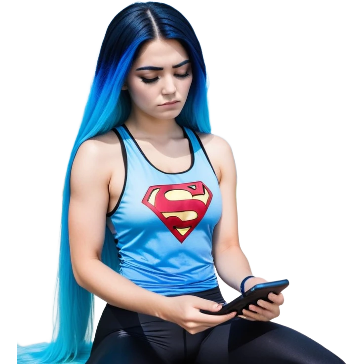 Shameful disappointed crying-very very very very big chest-texting on a samsung cell phone-very long straight flowing black to sky blue hair ombre-blue eyes-black eyeliner-long eyelashes-plastic sparkling sky blue very low cut tank top with sparkling superman logo-black leggings-nike sneakers emoji