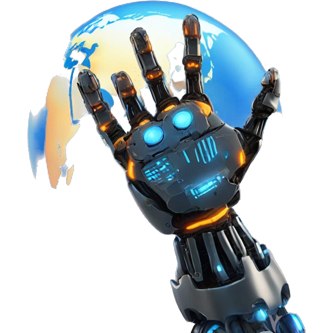 "Earth held by a futuristic robotic hand, glowing with blue and orange digital lines, with a high-tech and futuristic atmosphere." emoji