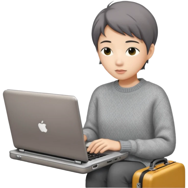 페르소나 요약 : 교환학생을 준비하는 대학생. 동양인 중성 20대의 상반신, 캐주얼한 옷(니트, 맨투맨)을 입은 채 노트북을 보고 있으며 옆 한켠에는 캐리어가 함께 준비되어 있어요. 안경은 끼지 않았어요 emoji