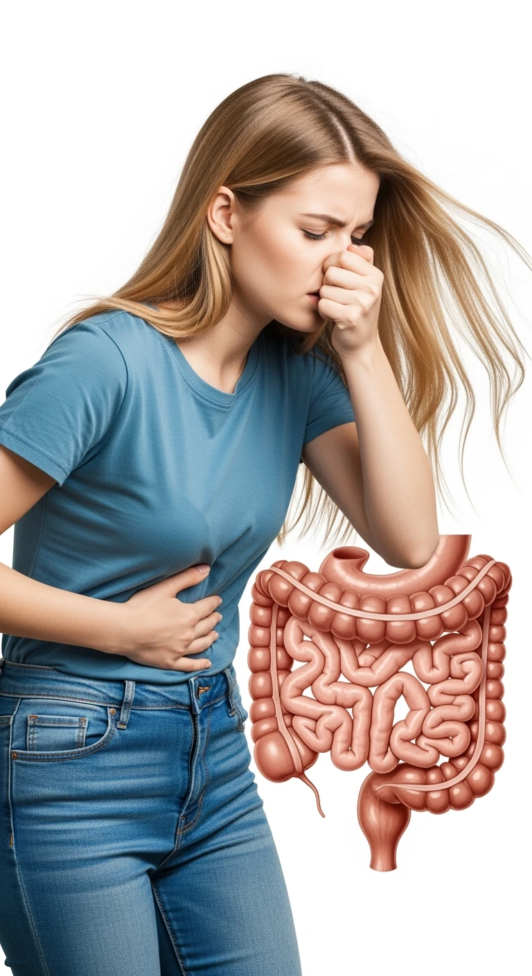 DONNA CHE SI TIENE LA PANCIA CON LA MANO E SI TAPPA IL NASO PER LA PUZZA, INTESTINO UMANO ANATOMICO IN EVIDENZA, ISOLATA SU SFONDO BIANCO emoji