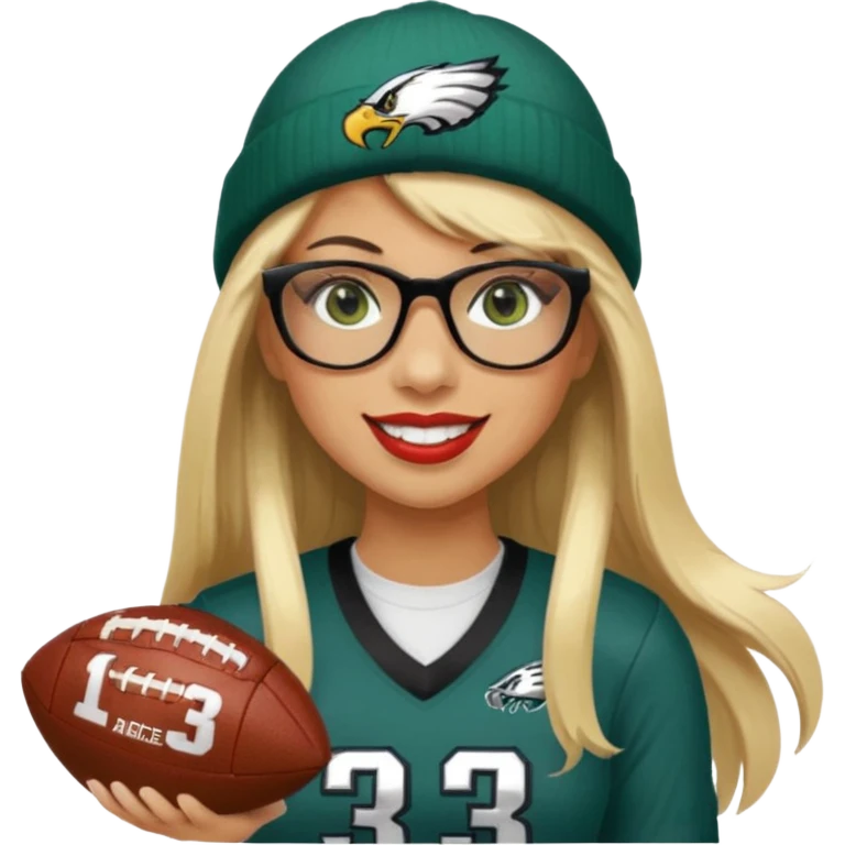full length women wearing eagles uniform, long straight blonde hair, bangs, green eyes, black rectangle glasses, holding football, number 33, smiling, lipstick, eagles beanie emoji