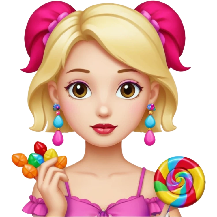 girl with a lot of accessories and earrings made out of candy emoji