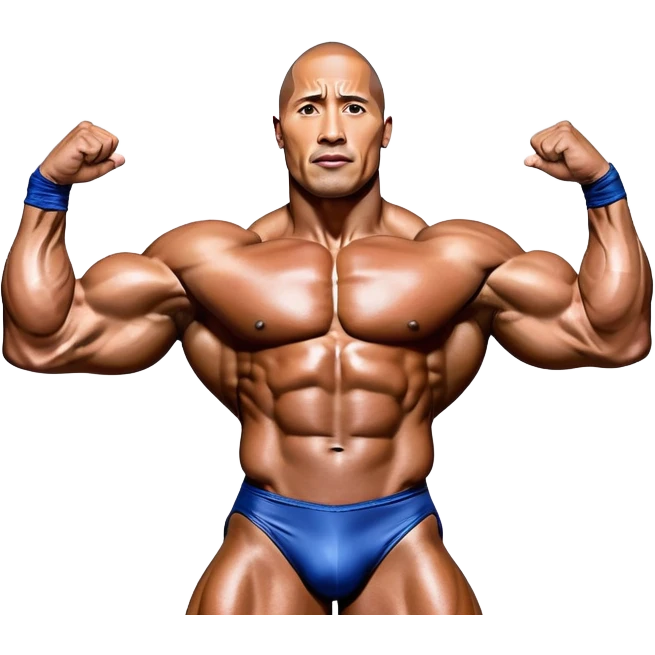 Dwayne 'The Rock' Johnson, covered in oil, striking a powerful pose on stage at the Mr. Universe bodybuilding championship. His muscles are clearly defined, exuding strength and charisma. The backdrop features a professional stage with judges and a cheering audience. Transparent background. emoji